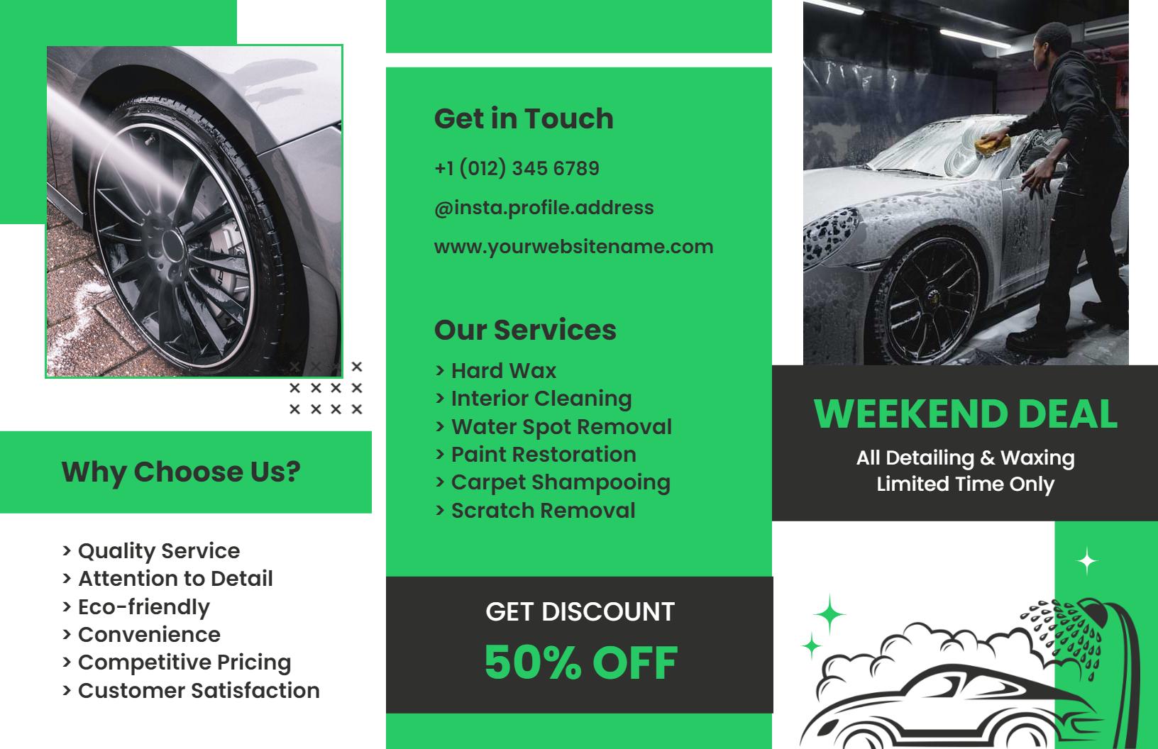 Eco-Friendly Car Wash Services and Weekend Deal Brochure Template