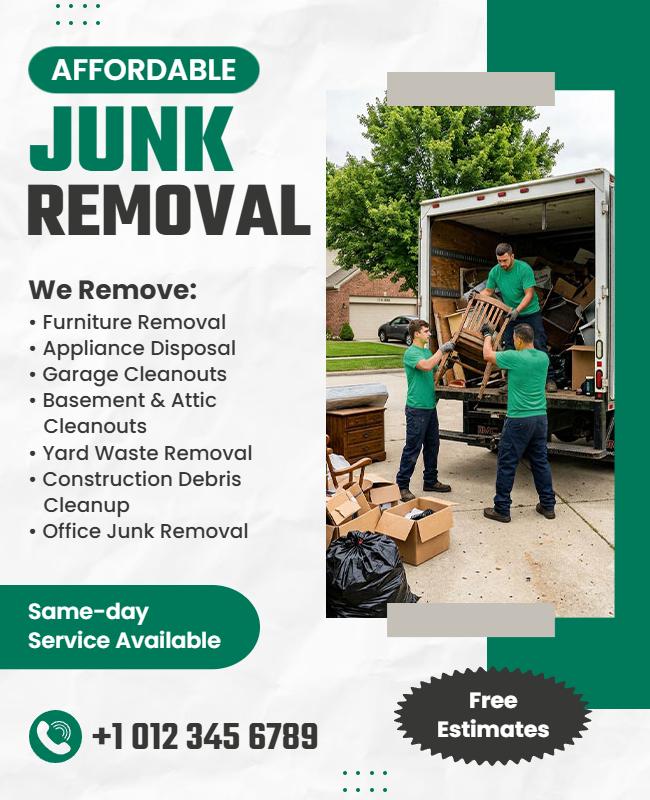 Eco-Friendly Green Junk Removal Service Announcement Flyer Template