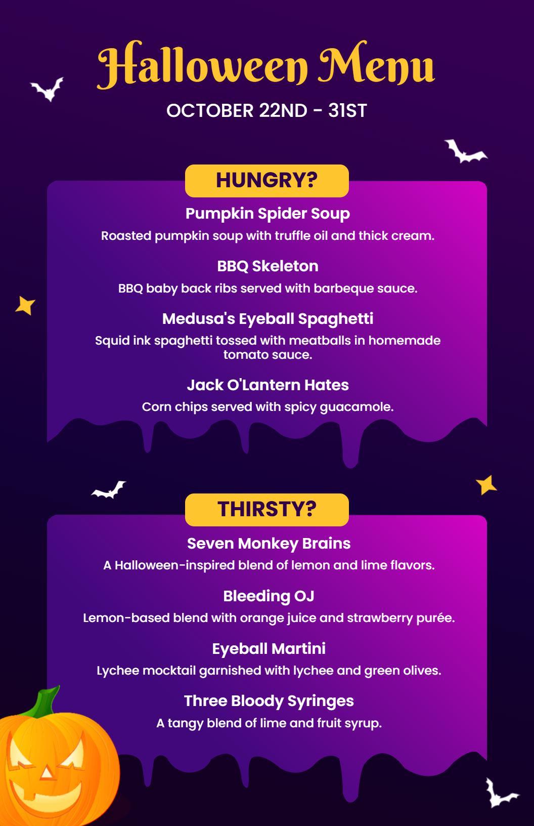 Eerie Black and Purple Halloween Party Cuisine Menu Template