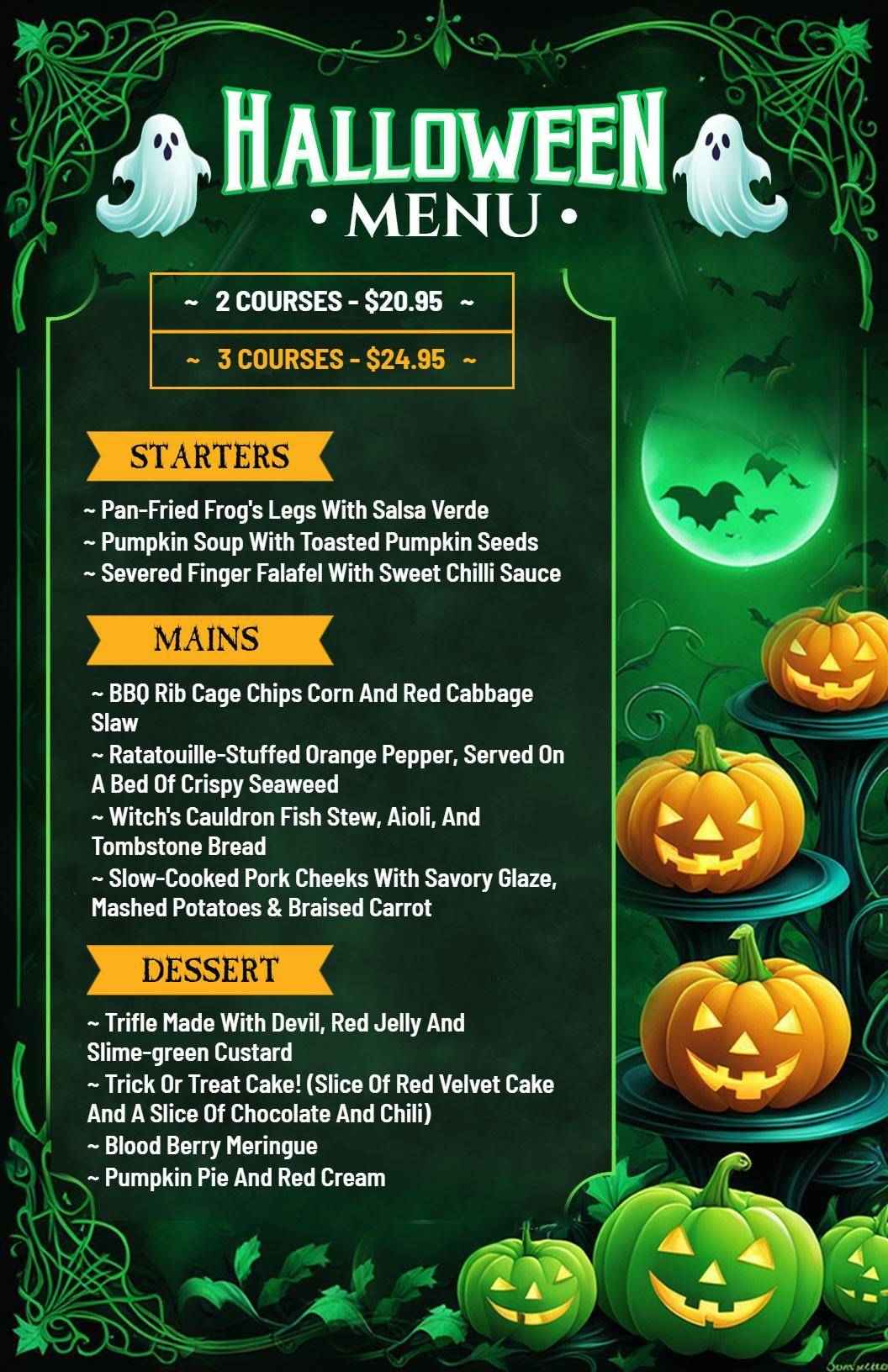 Eerie Entrées and Haunted Sweet Treats Halloween Menu Template