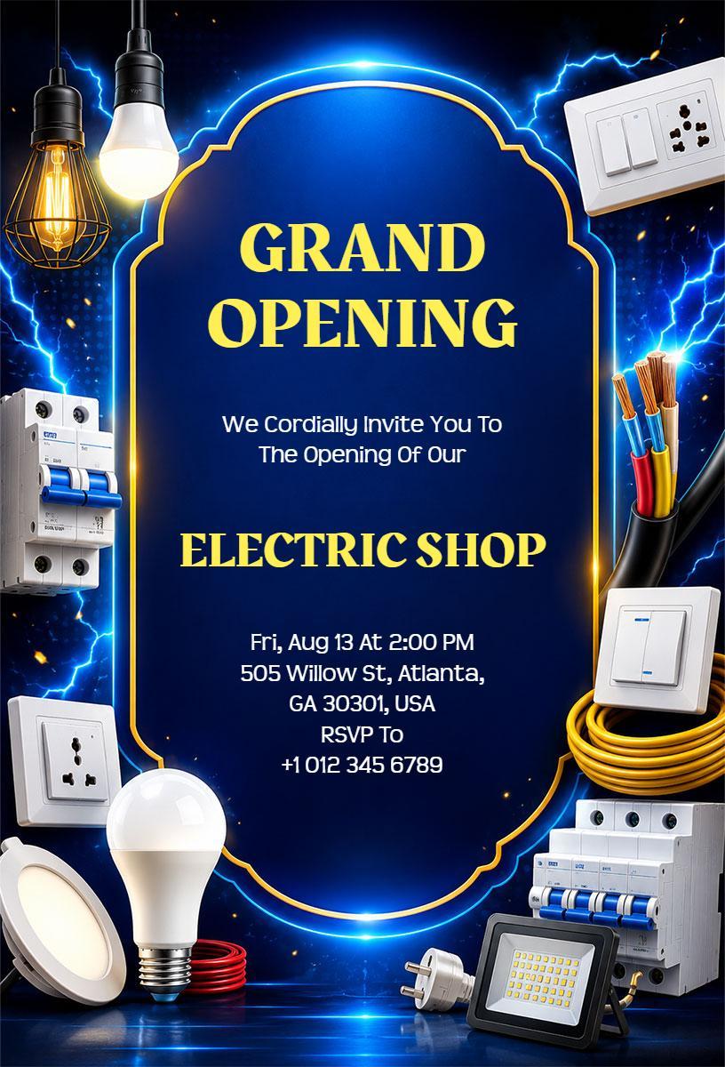 Electrifying Electric Shop Grand Opening Invitation Template