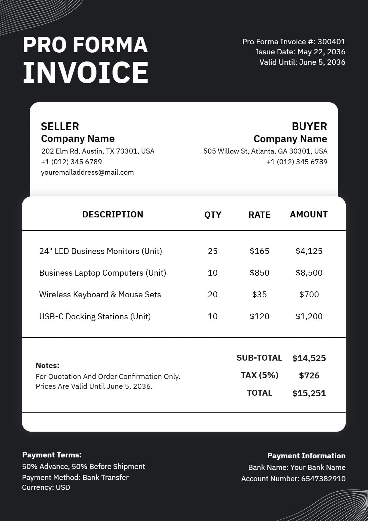 Electronics Equipment Sales Proforma Invoice Template