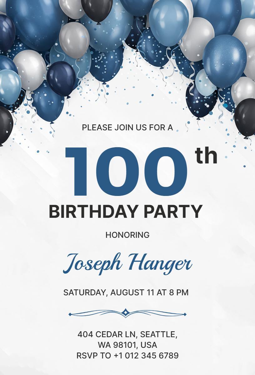 Elegant 100th Birthday Celebration Party Invitation Template