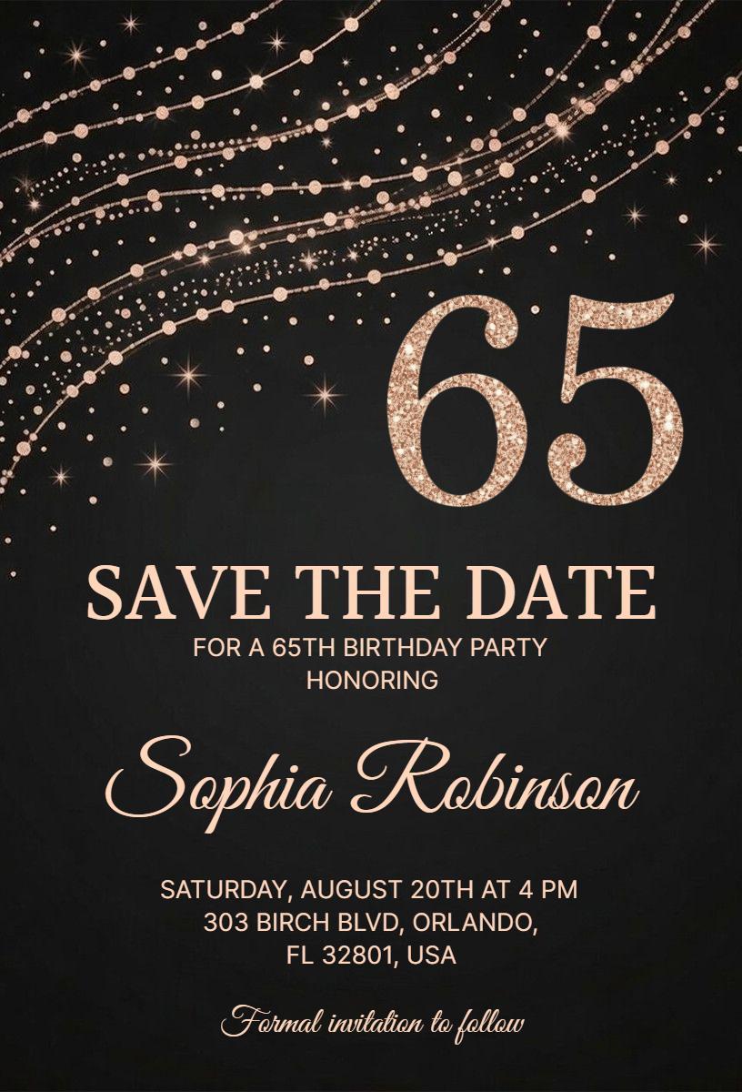 Elegant 65th Birthday Celebration Save The Date Invitation Template