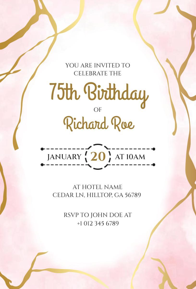 Elegant 75th Birthday Celebration Pink Gold Invitation Template