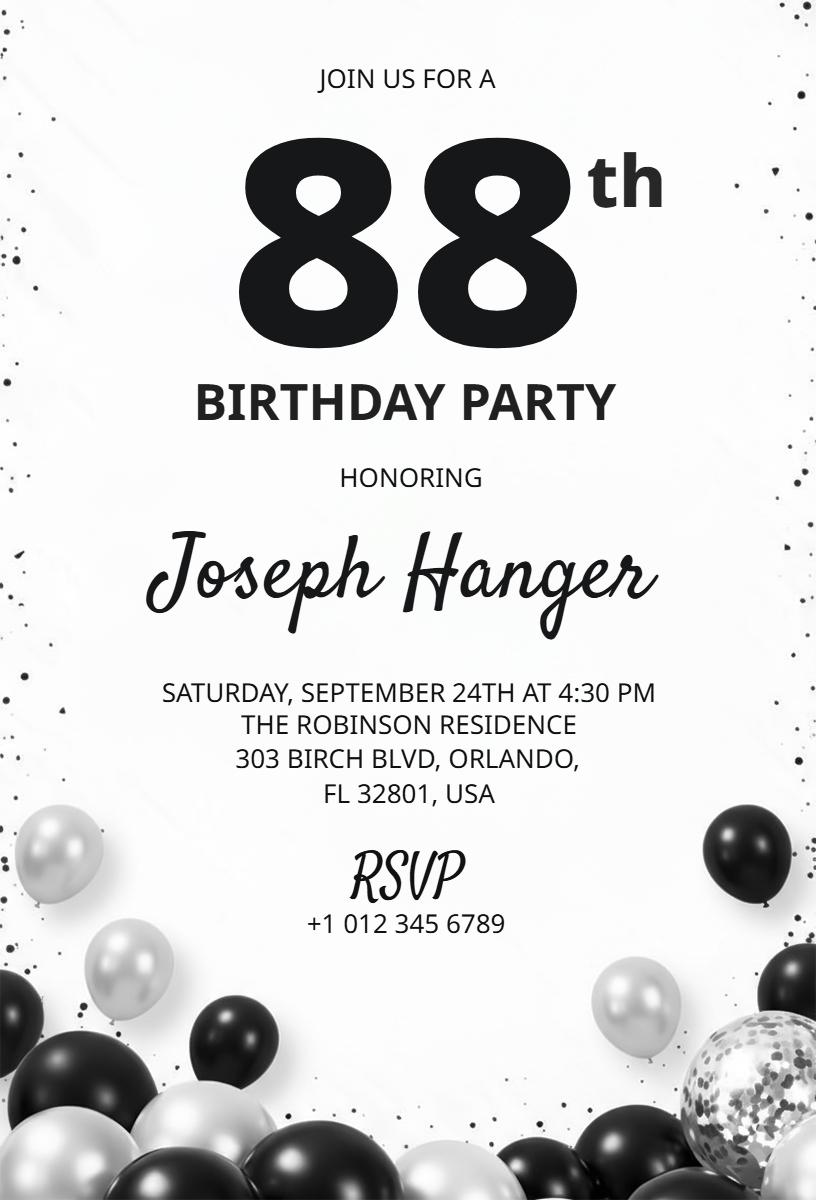Elegant 88th Black and White Birthday Celebration Invitation Template