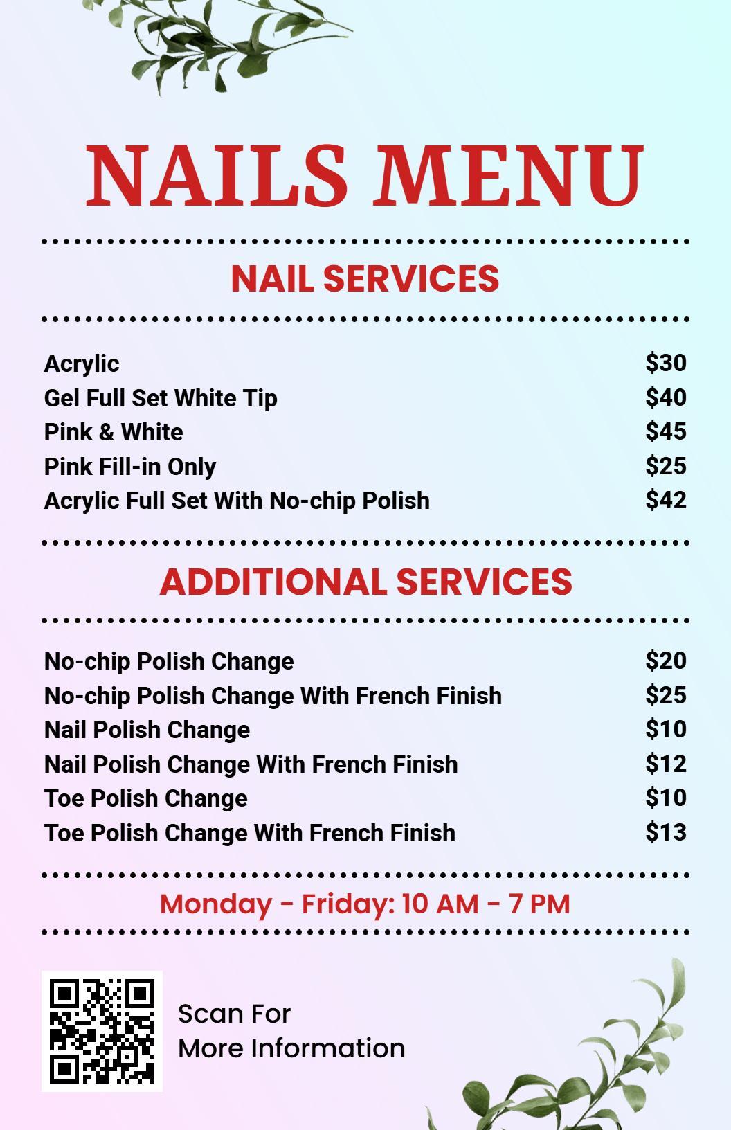Elegant Acrylic and Gel Services with Polish Options Nail Menu Template