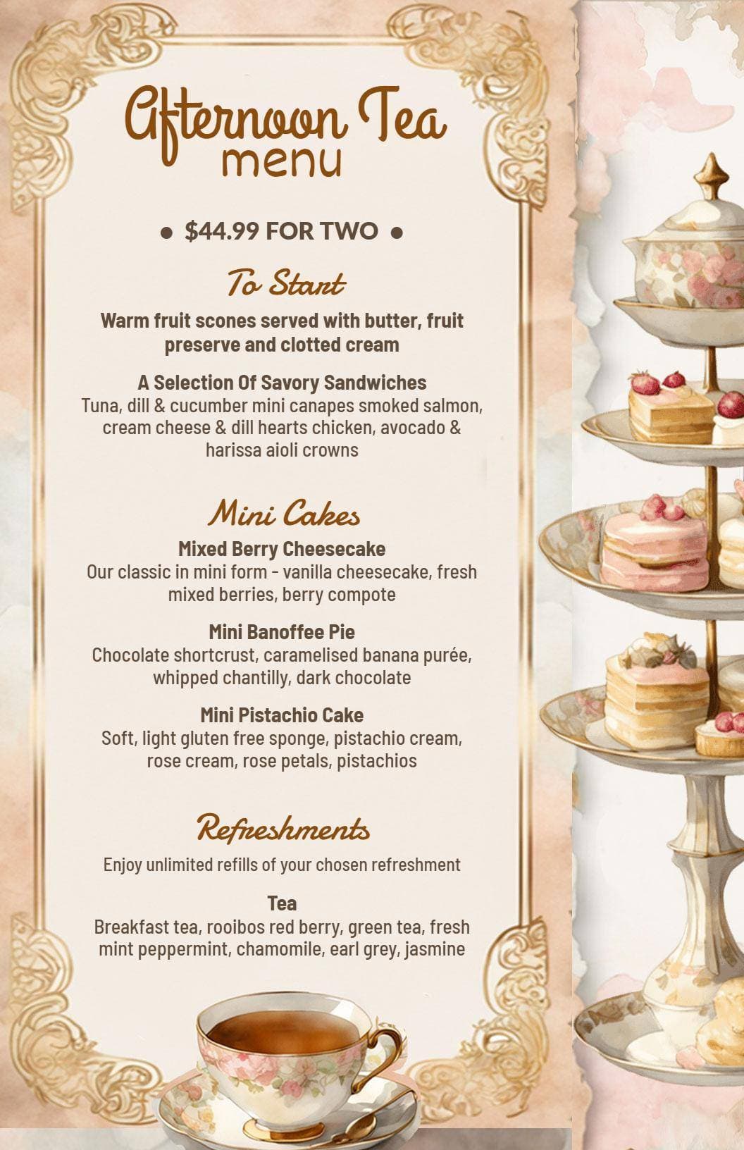 Elegant Afternoon Sandwiches and Mini Cakes Tea Menu Template