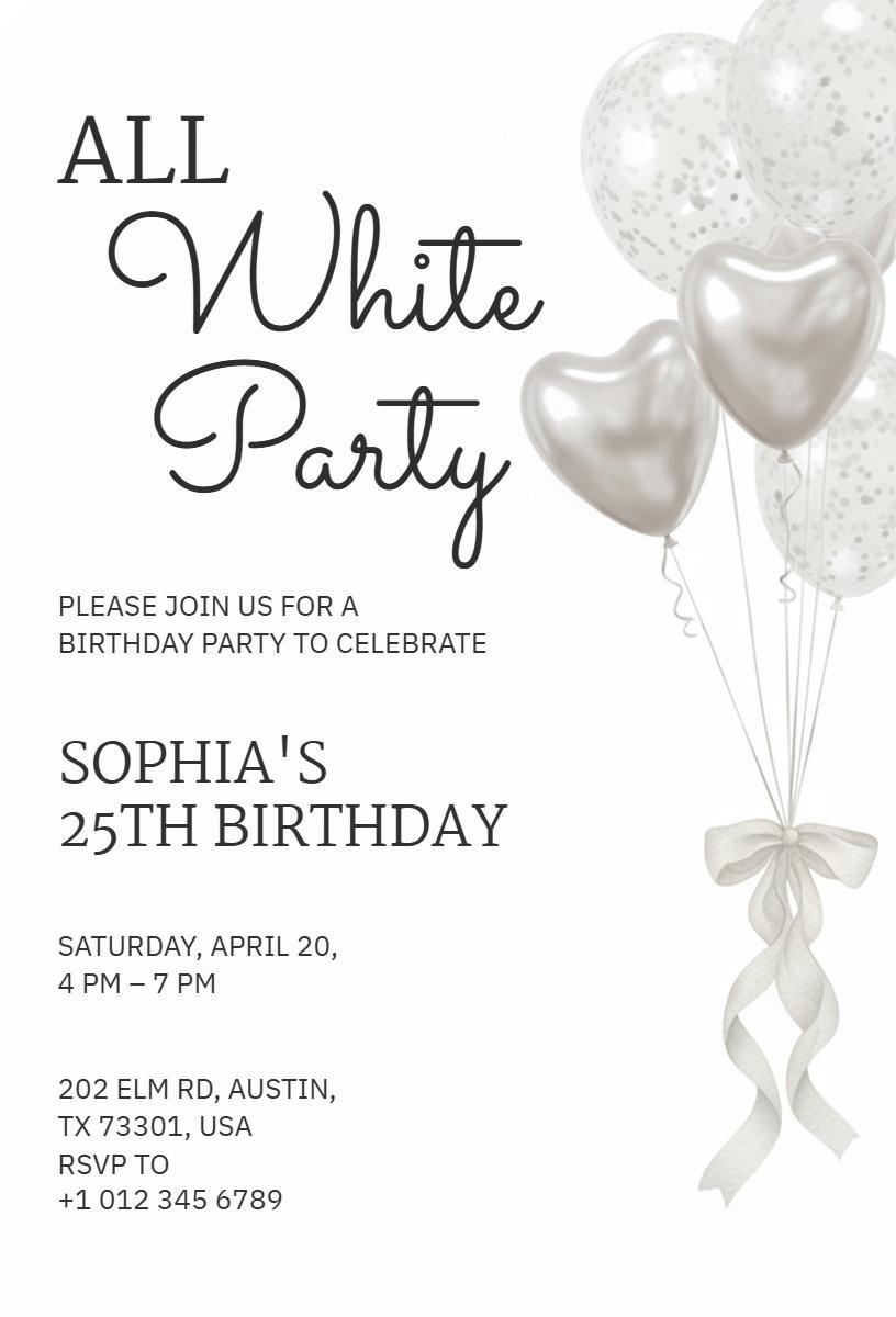 Elegant All White 25th Birthday Party Invitation Template