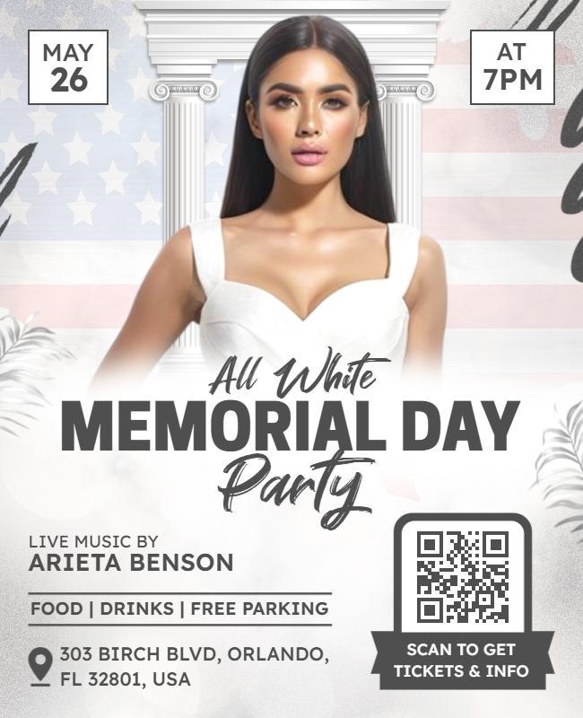 Elegant All White Memorial Day Celebration Party Poster Template