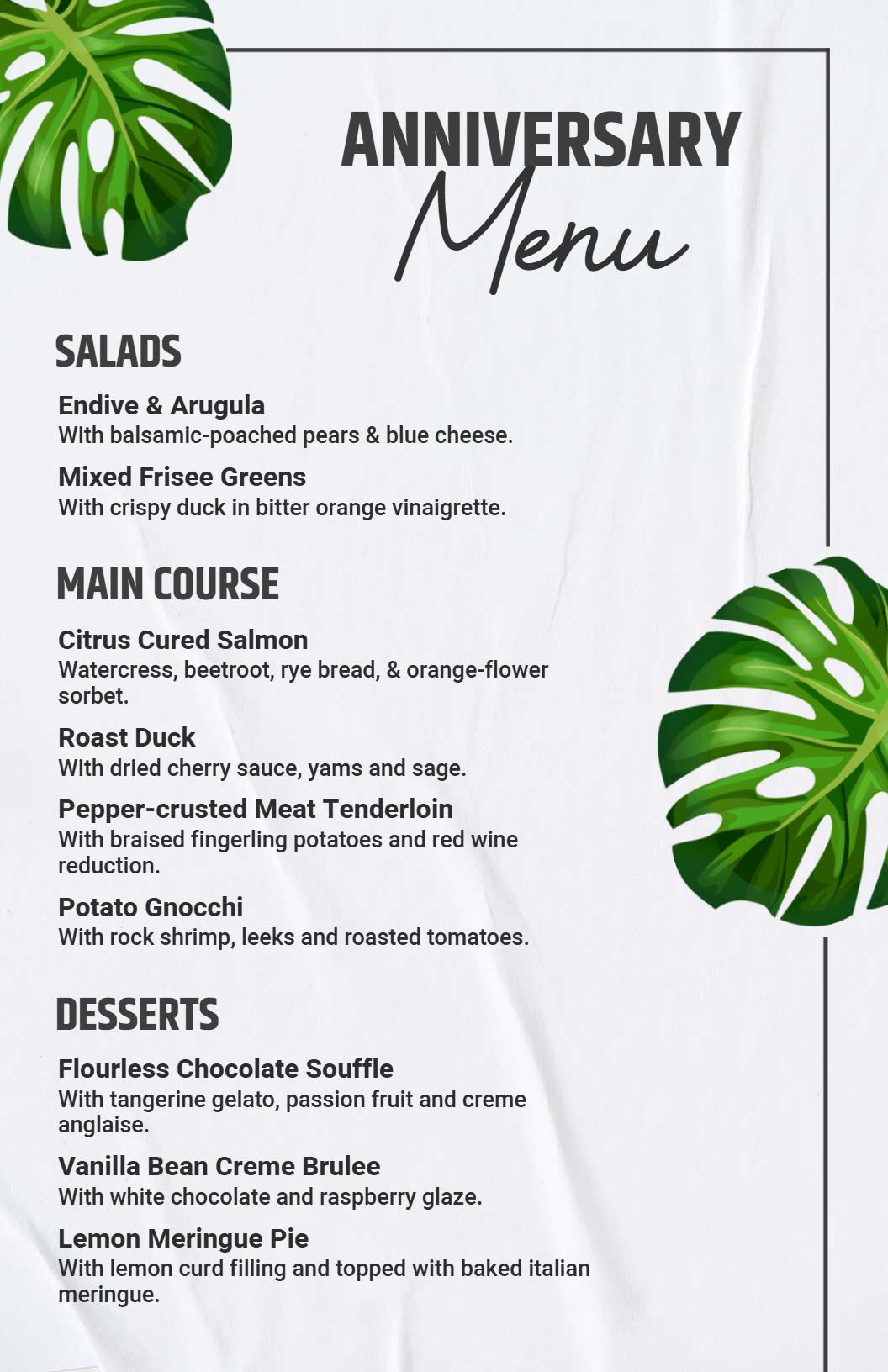 Elegant Anniversary Dinner Salads and Desserts Event Menu Template