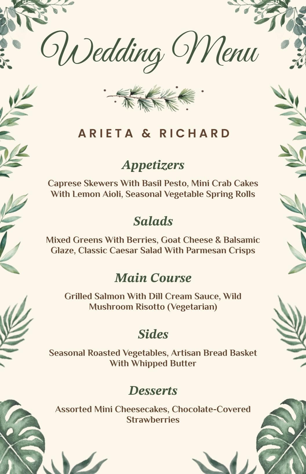 Elegant Appetizers, Salads, and Entrees for a Memorable Wedding Menu Template
