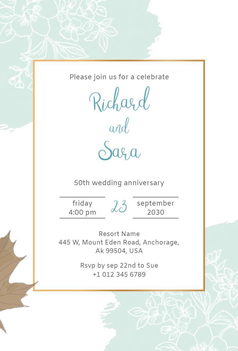 Elegant Aqua Floral 50th Wedding Anniversary Invitation Template