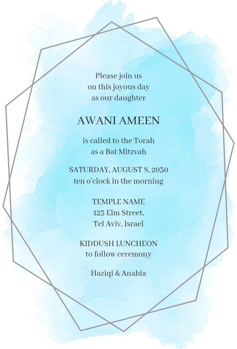 Elegant Aqua Watercolor Bat Mitzvah Celebration Invitation Template