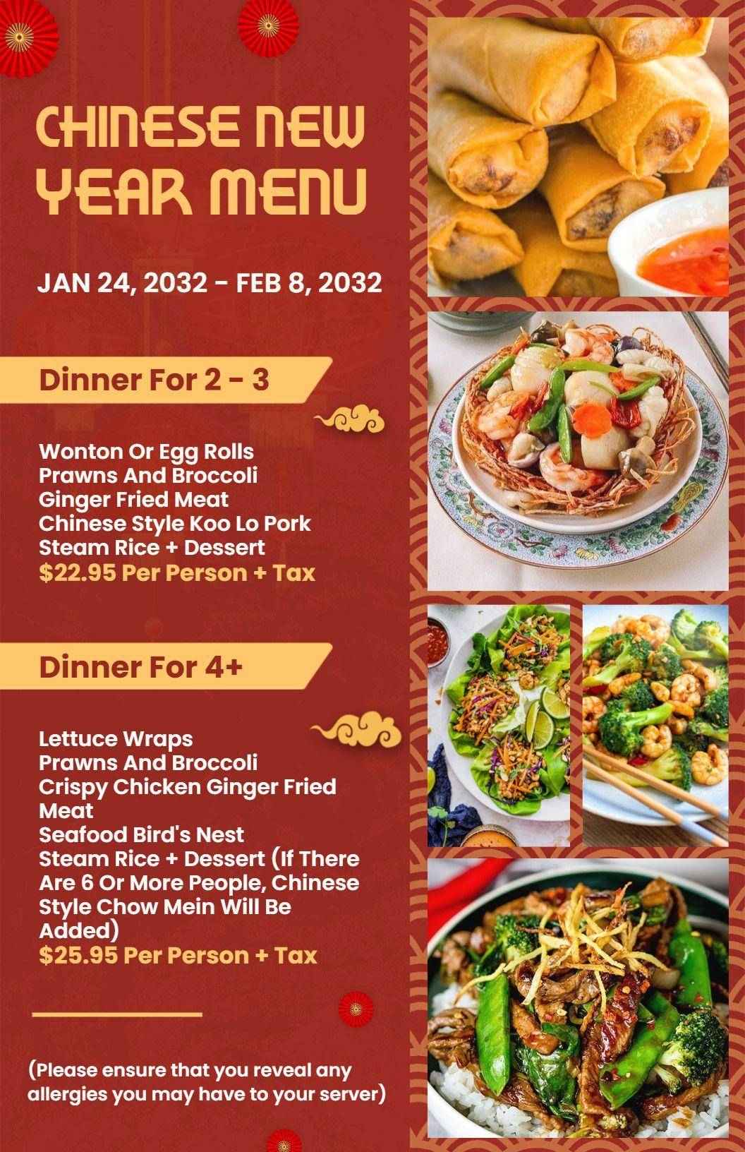 Elegant Asian Cuisine Chinese New Year Dinner Menu Template