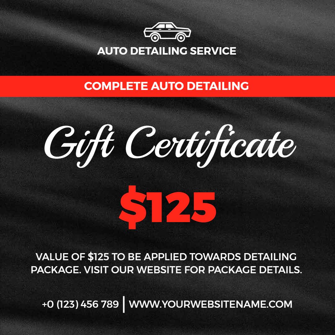 Elegant Auto Detailing Gift Certificate for $125 Service Ad Template
