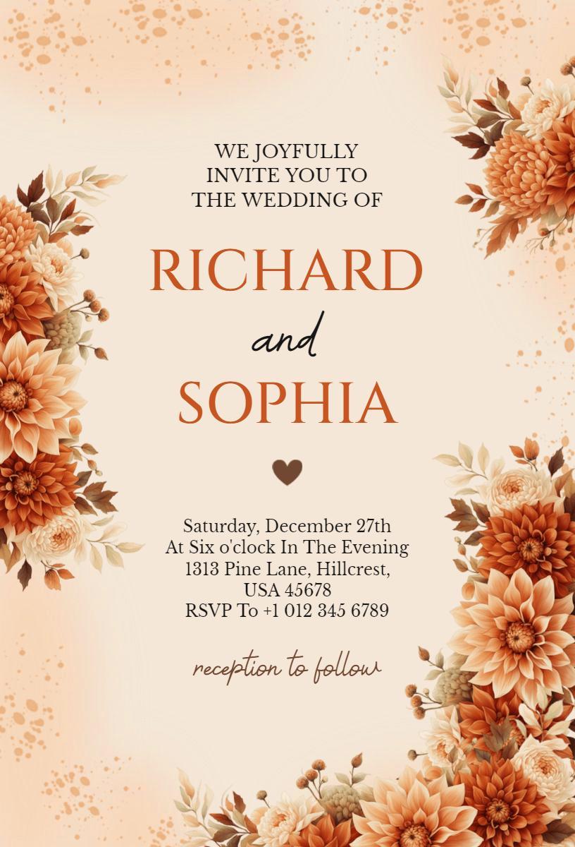 Elegant Autumn Floral Fall Wedding Celebration Invitation Template