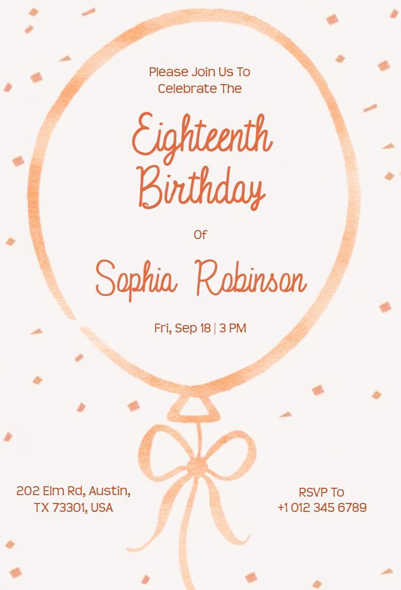 Elegant Balloon Theme Eighteenth Birthday Celebration Invitation Template