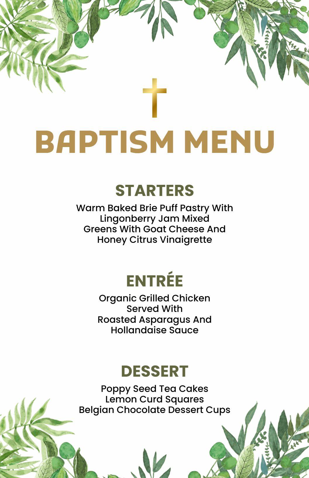 Elegant Baptism Celebration Dishes and Desserts Event Menu Template