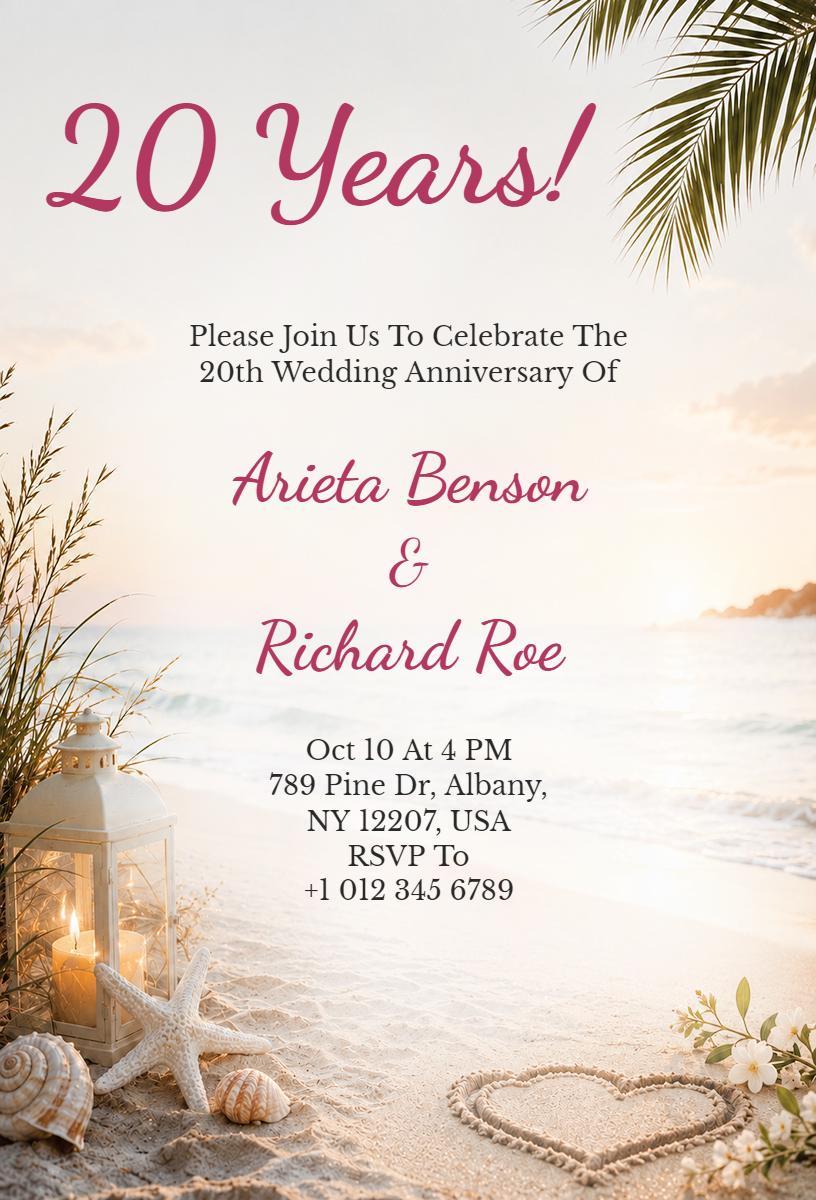 Elegant Beach Themed 20th Wedding Anniversary Invitation Template