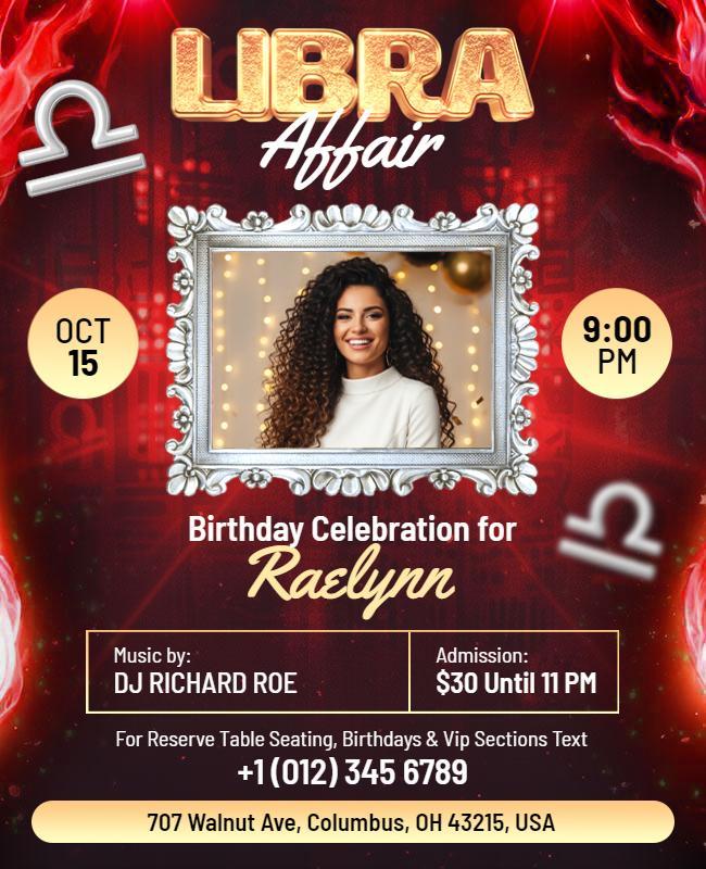 Elegant Birthday Libra Affair Announcement Flyer Template