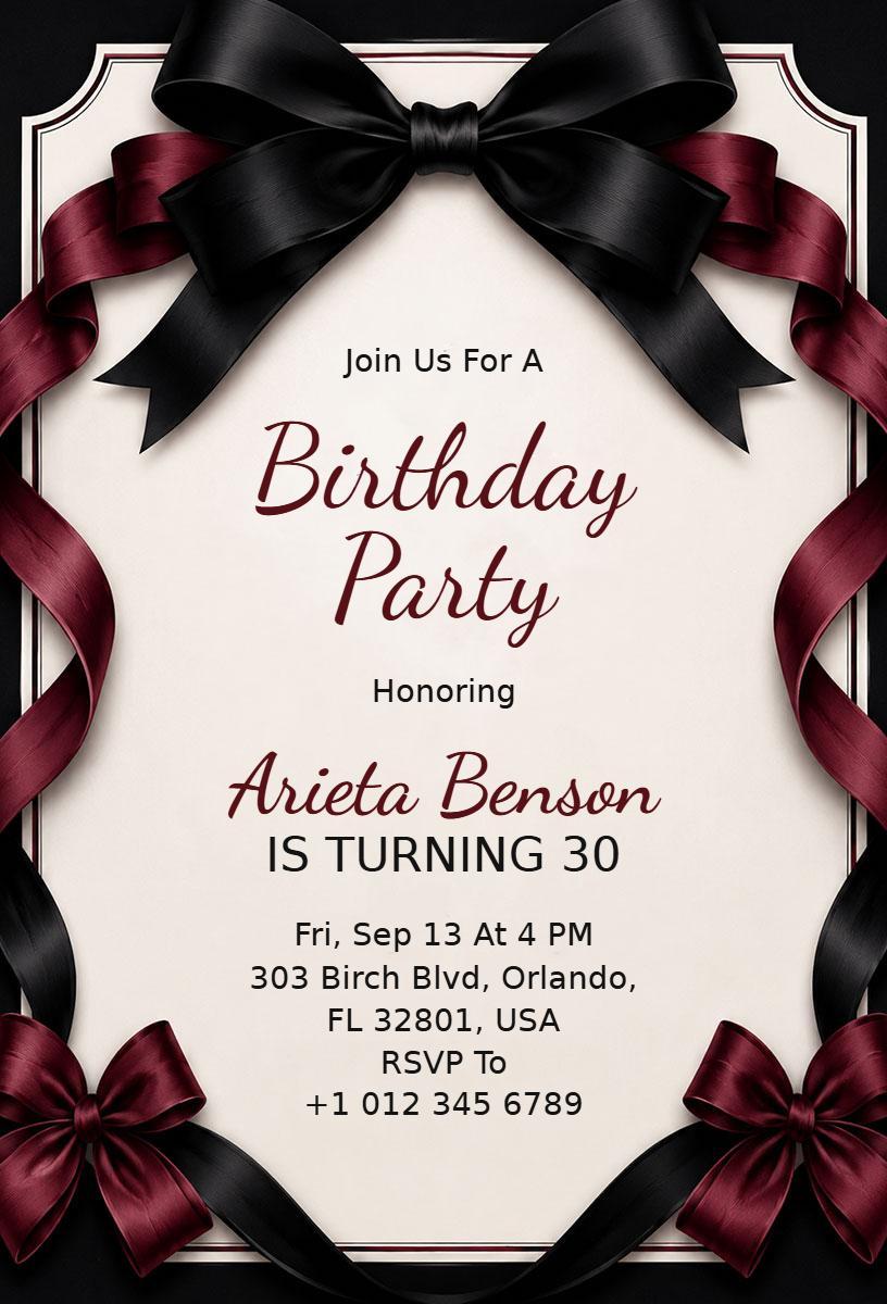 Elegant Black and Burgundy Bow Birthday Party Invitation Template