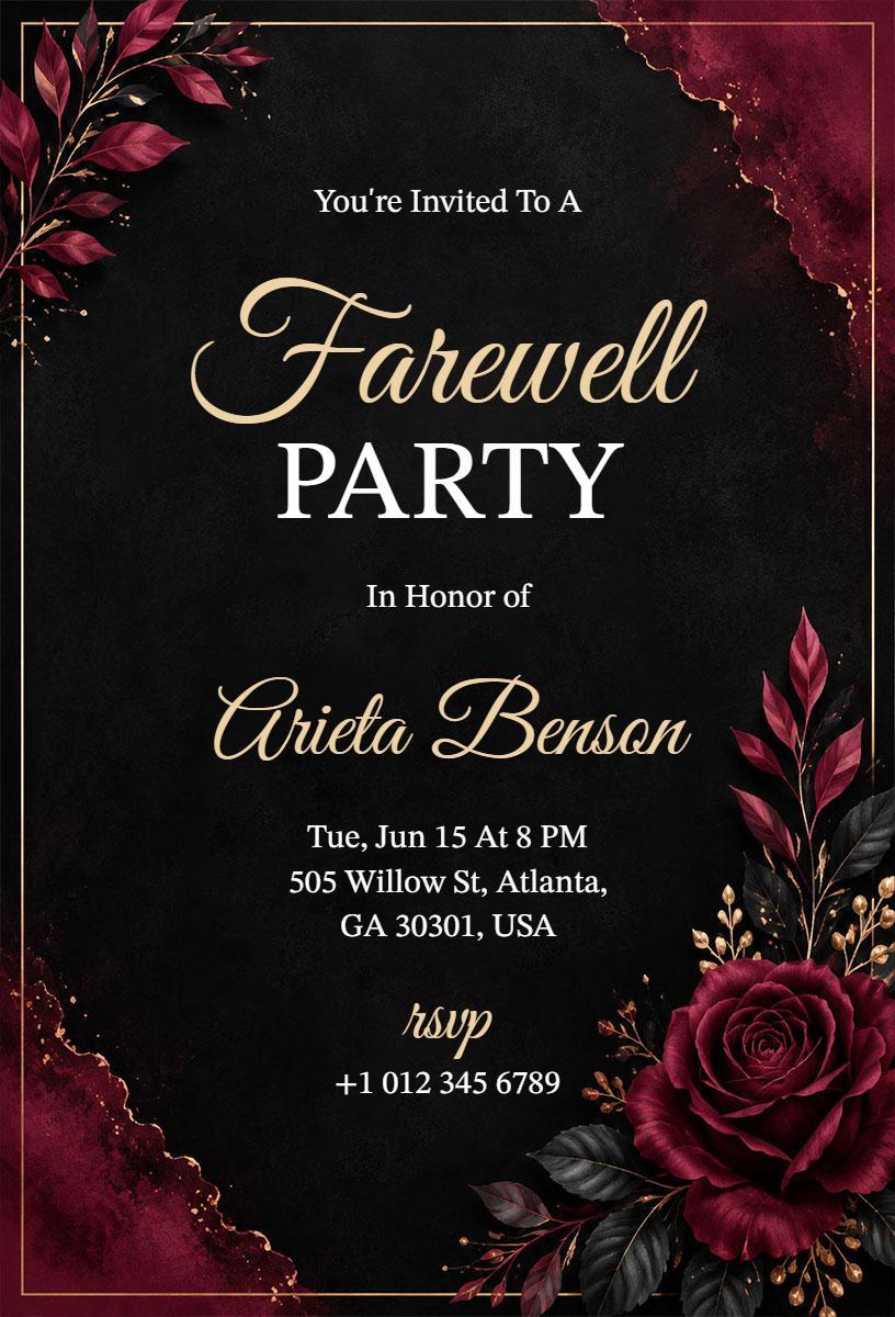 Elegant Black and Burgundy Farewell Party Invitation Template