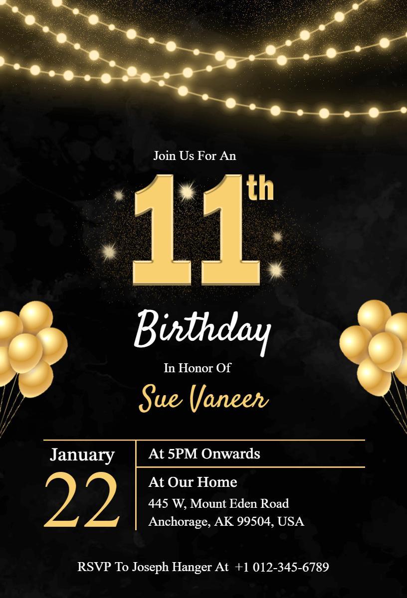 Elegant Black and Gold 11th Birthday Celebration Invitation Template