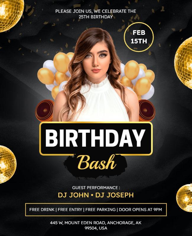 Elegant Black and Gold 25th Birthday Bash Poster Template