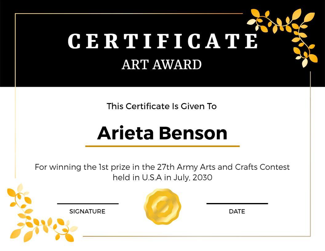 Elegant Black and Gold Art Award Recognition Certificate Template