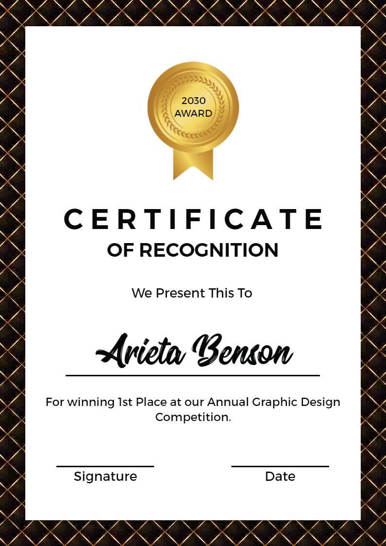 Elegant Black and Gold Graphic Design Competition Recognition Certificate Template