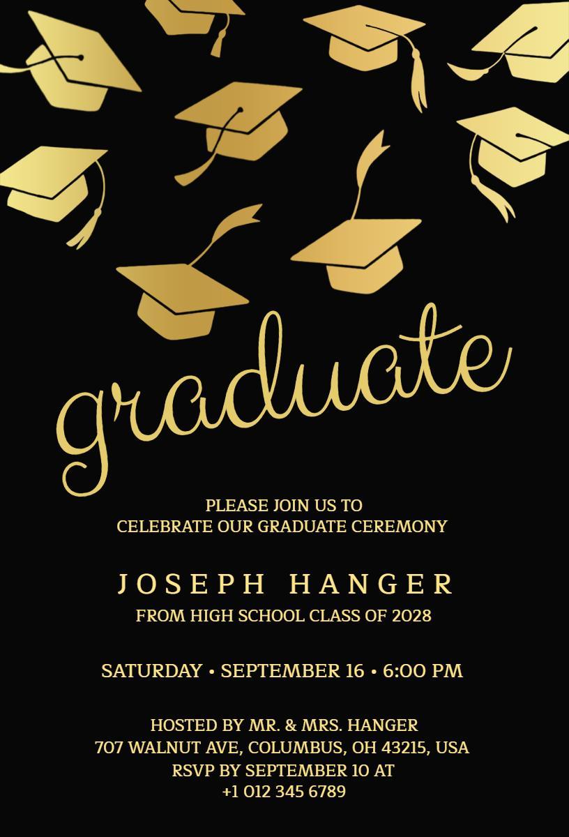 Elegant Black and Gold High School Graduation Invitation Template