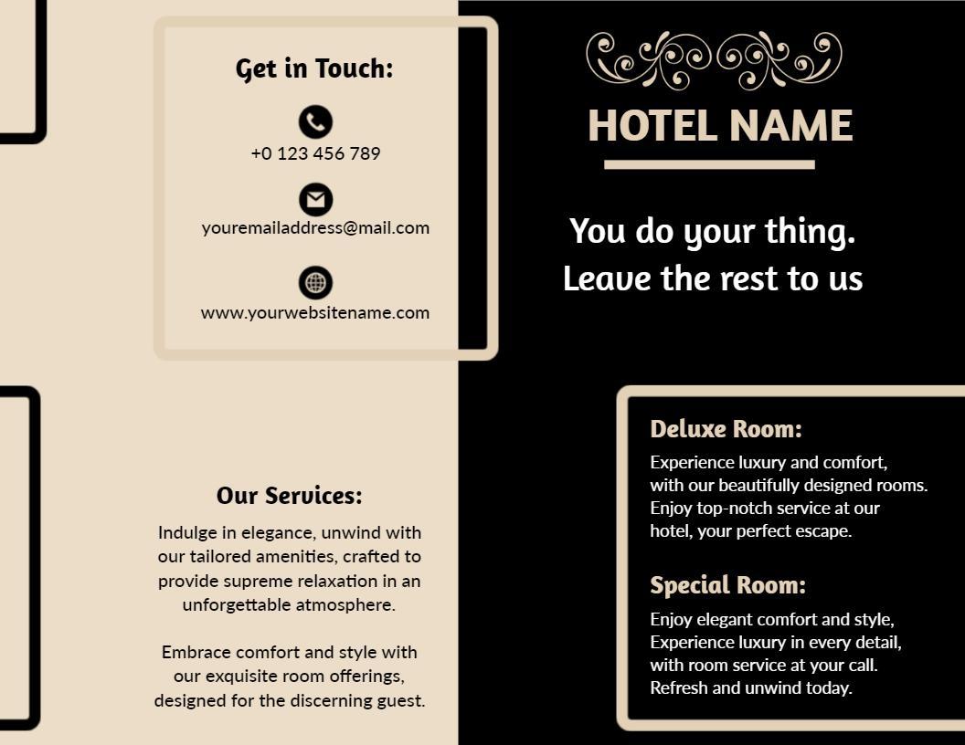 Elegant Black and Gold Hotel Services & Room Offerings Brochure Template
