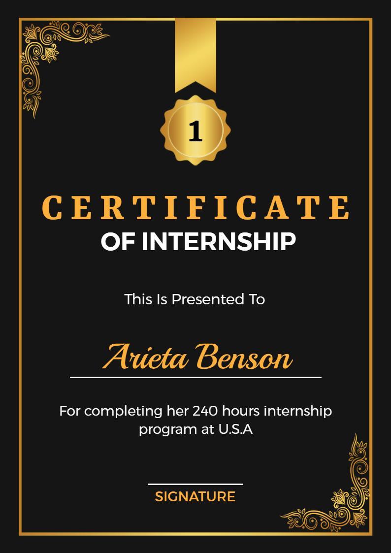 Elegant Black and Gold Internship Achievement Certificate Template