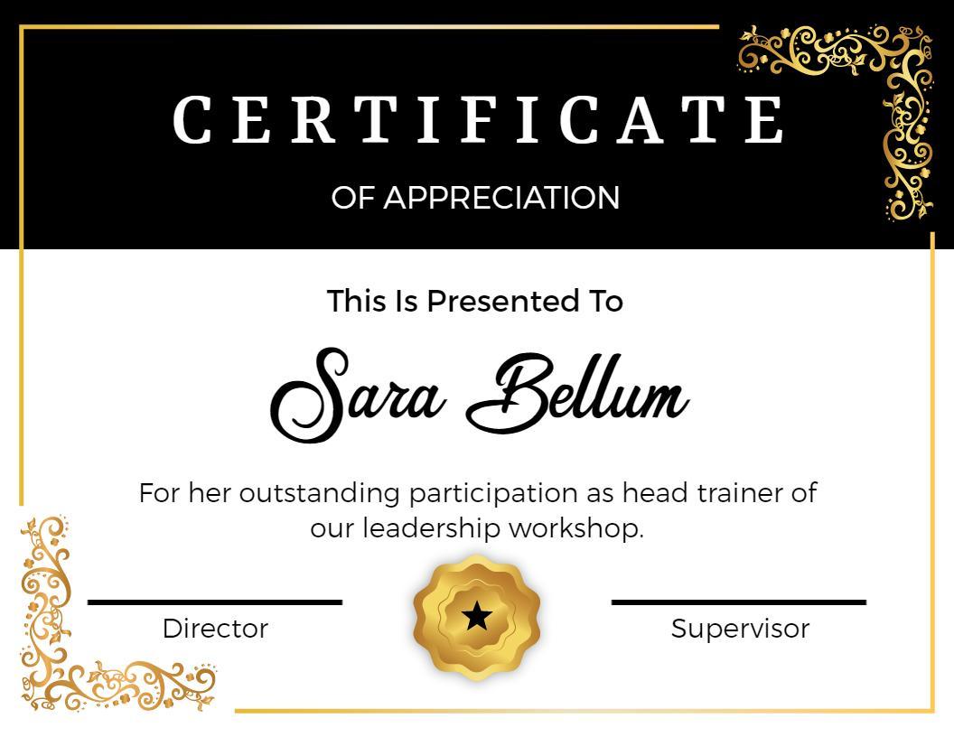 Elegant Black and Gold Leadership Workshop Appreciation Certificate Template