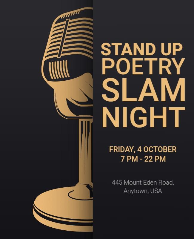 Elegant Black and Gold Stand Up Poetry Slam Night Poster Template