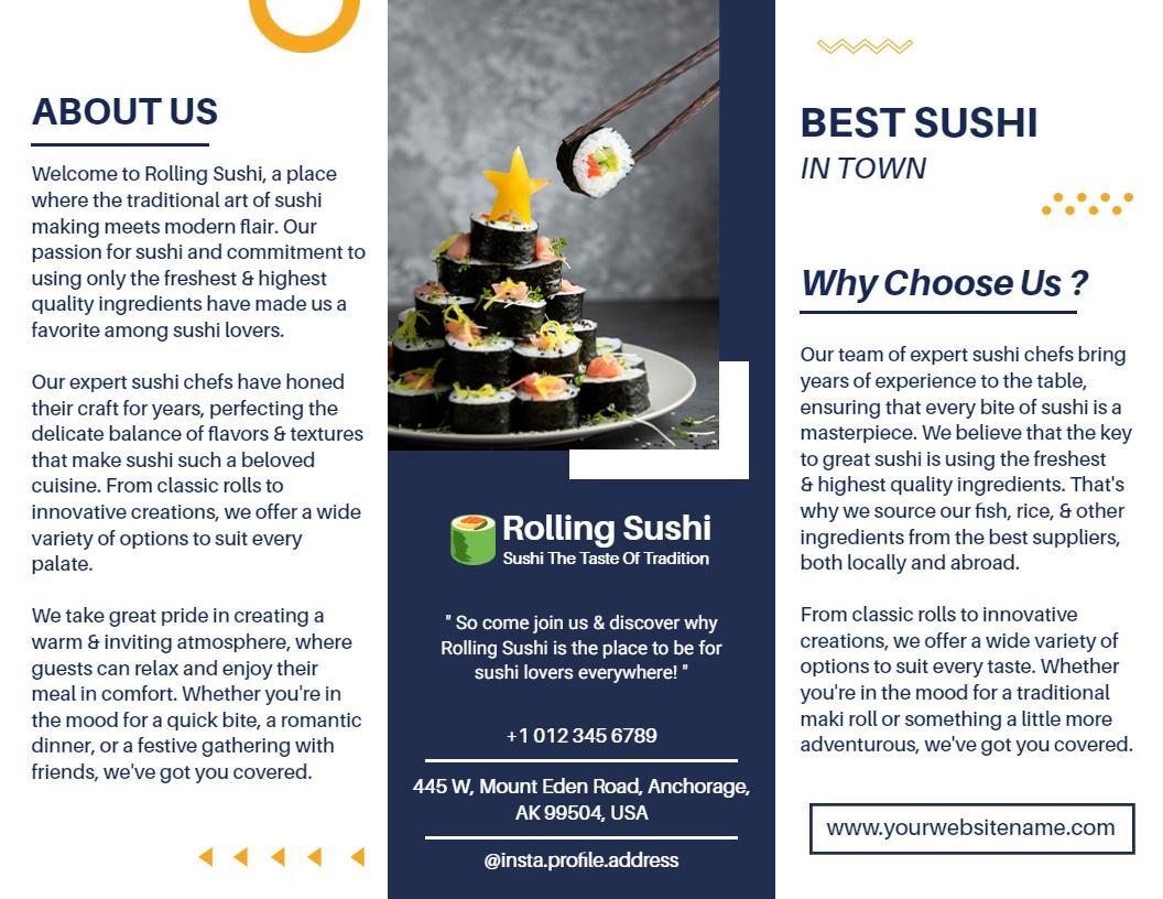 Elegant Black and Gold Sushi Restaurant Tri Fold Brochure Template
