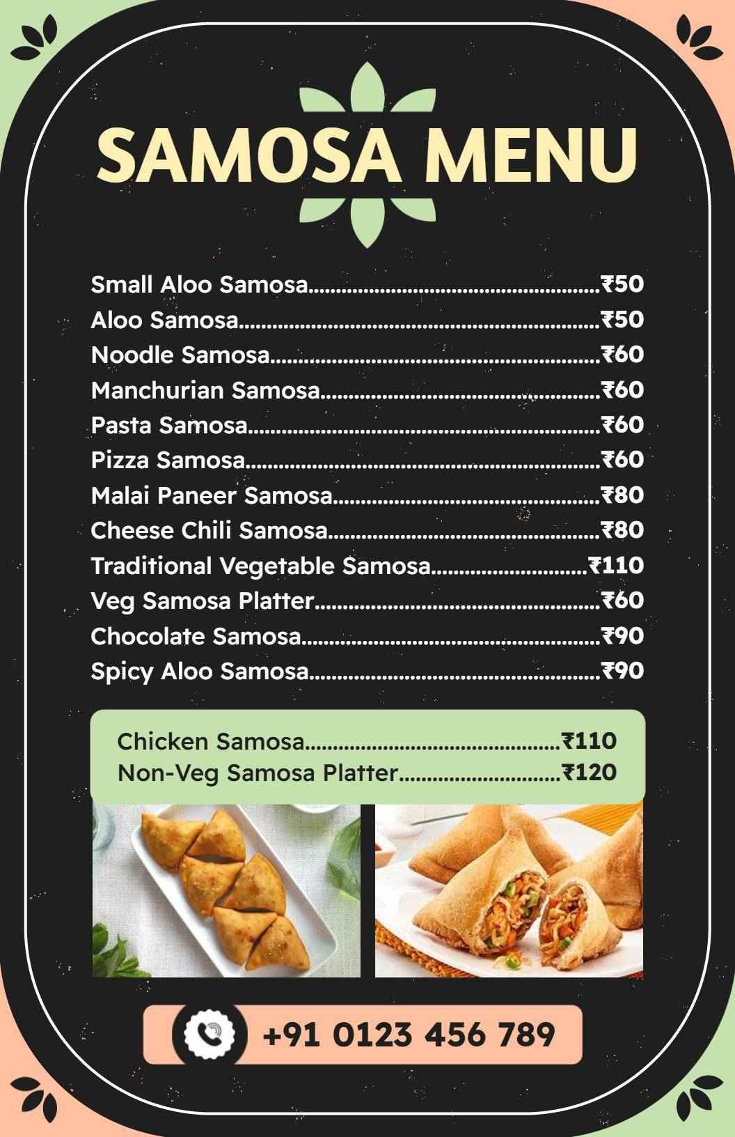 Elegant Black and Green Samosa Selection Menu Template