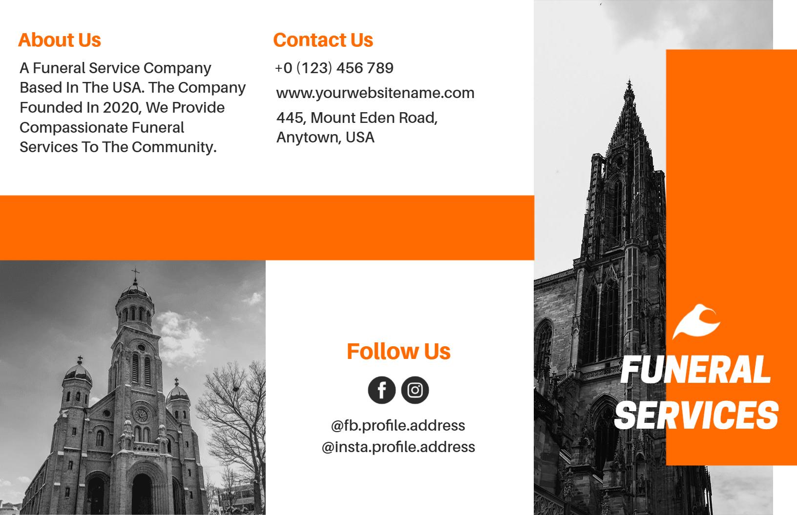 Elegant Black and Orange Church Funeral Services Brochure Template