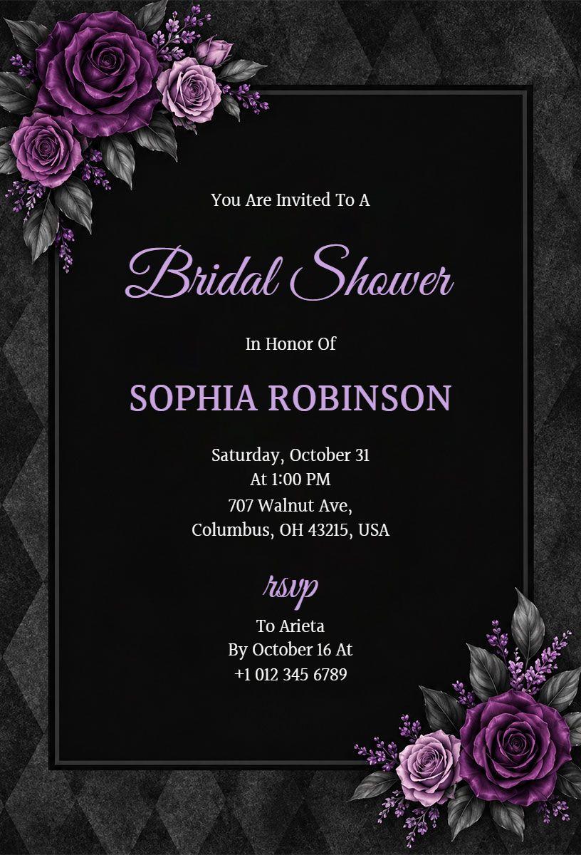 Elegant Black and Purple Floral Bridal Shower Invitation Template