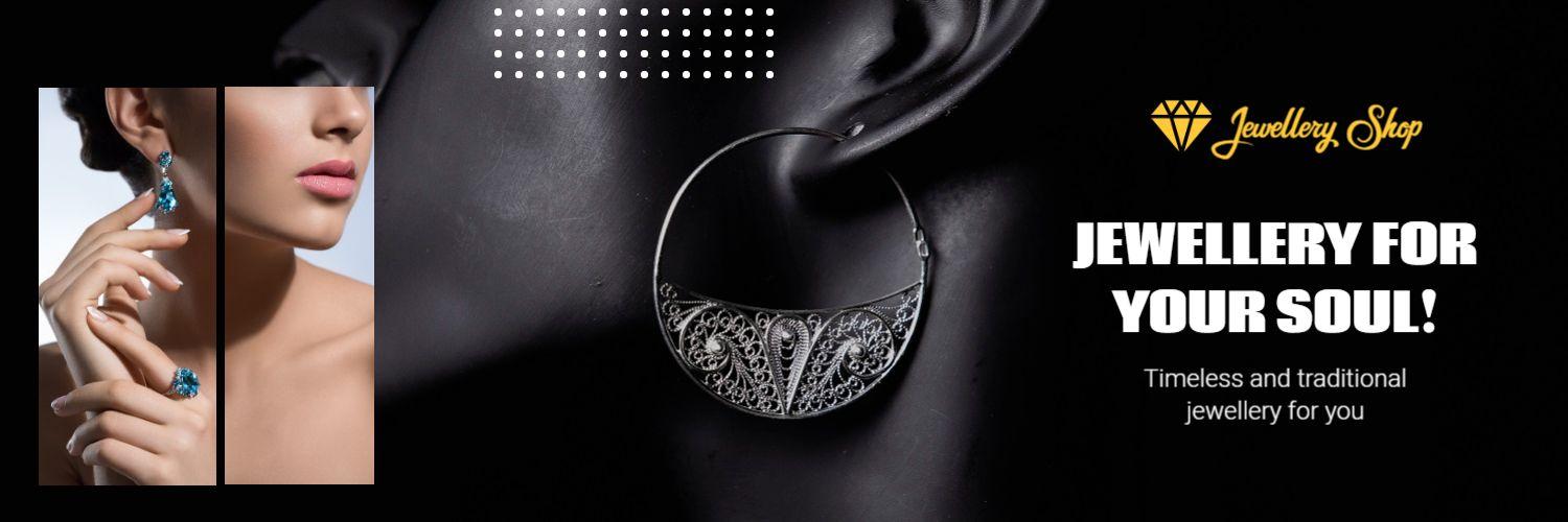 Elegant Black and Silver Jewelry Showcase Twitter Banner Template