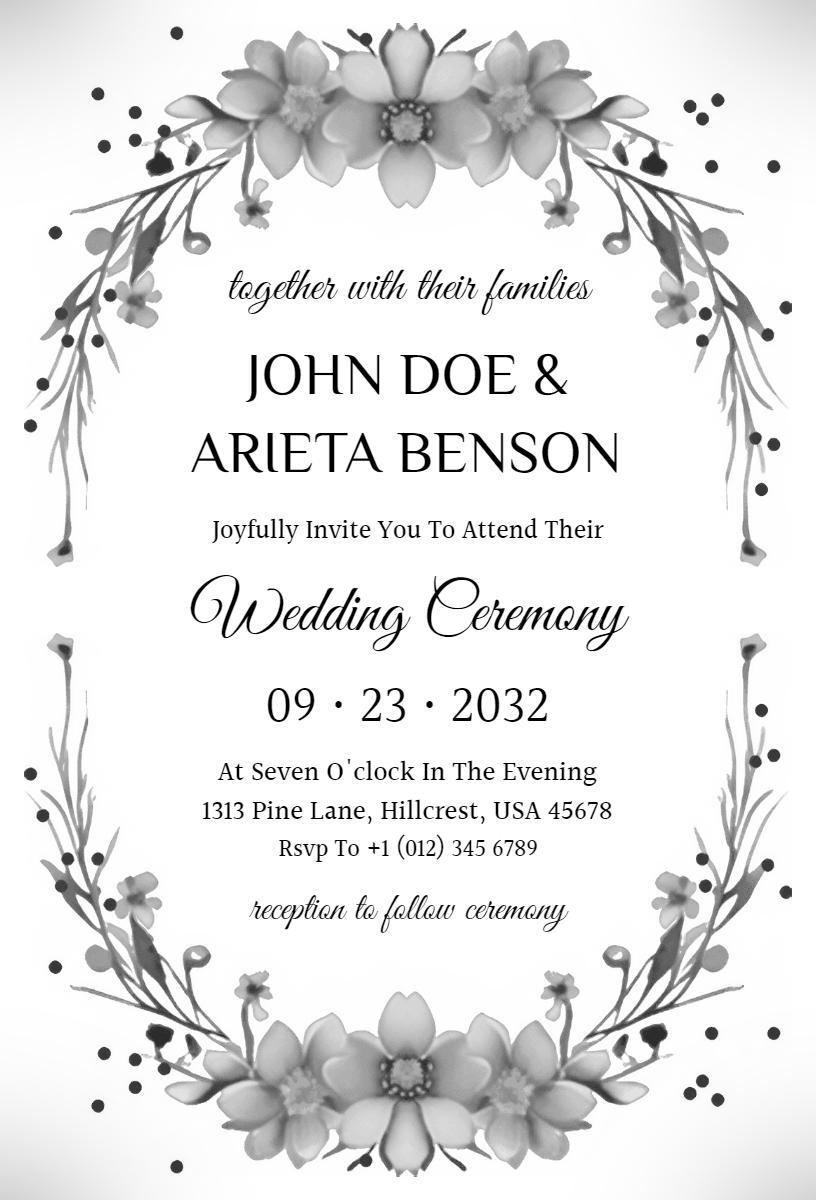 Elegant Black and White Floral Wedding Ceremony Invitation Template