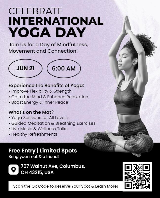 Elegant Black and White International Yoga Day Celebration Poster Template
