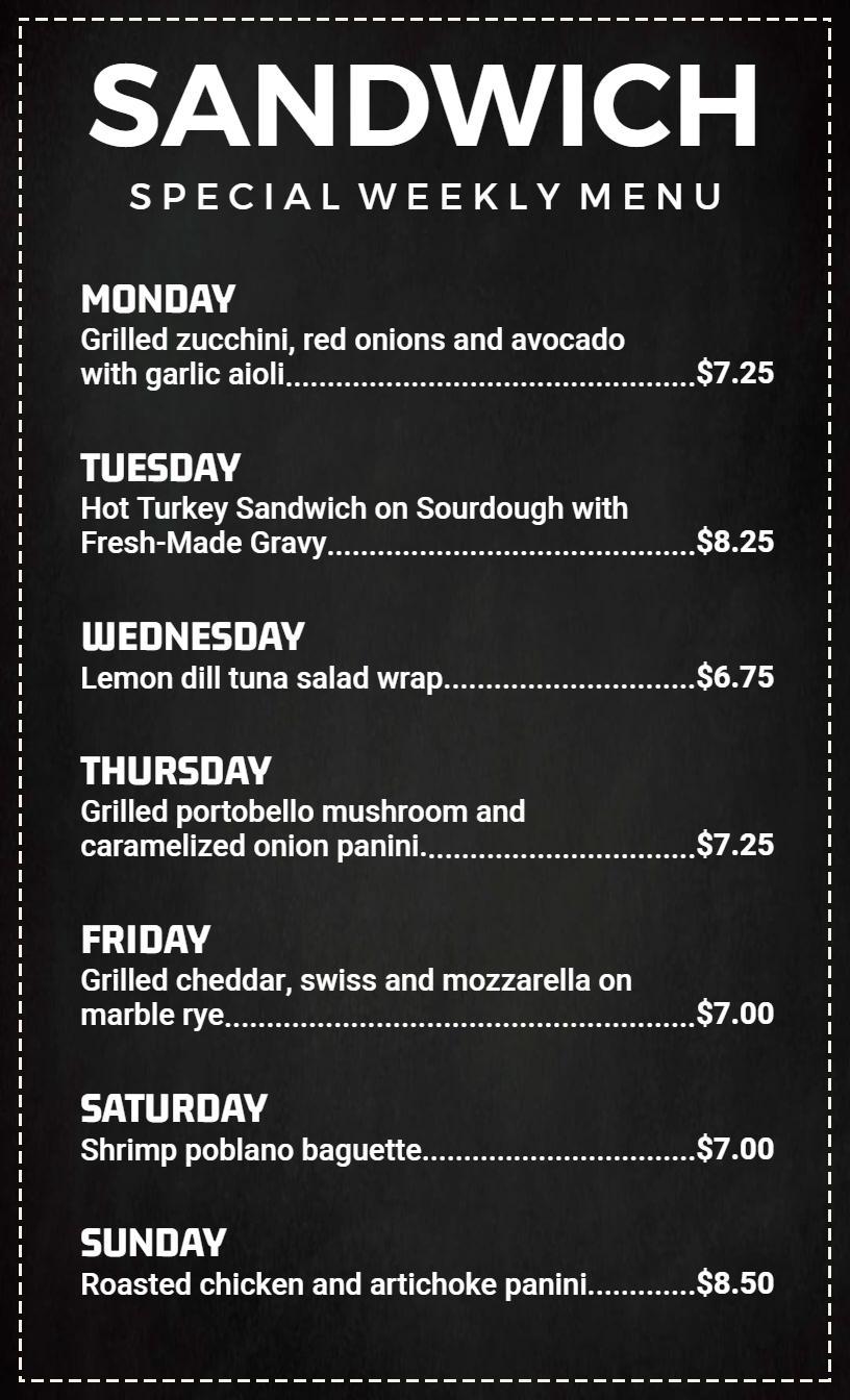 Elegant Black and White Sandwich Weekly Menu Template