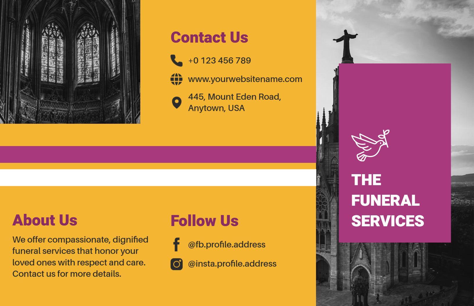 Elegant Black and Yellow Funeral Services Church Brochure Template