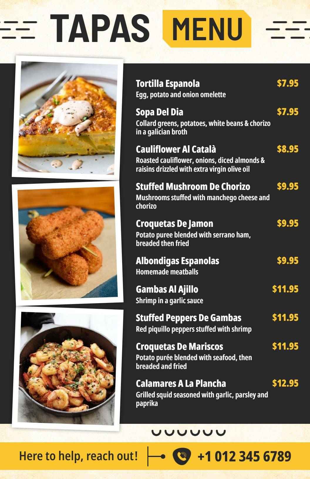Elegant Black and Yellow Spanish Tapas Dining Menu Template