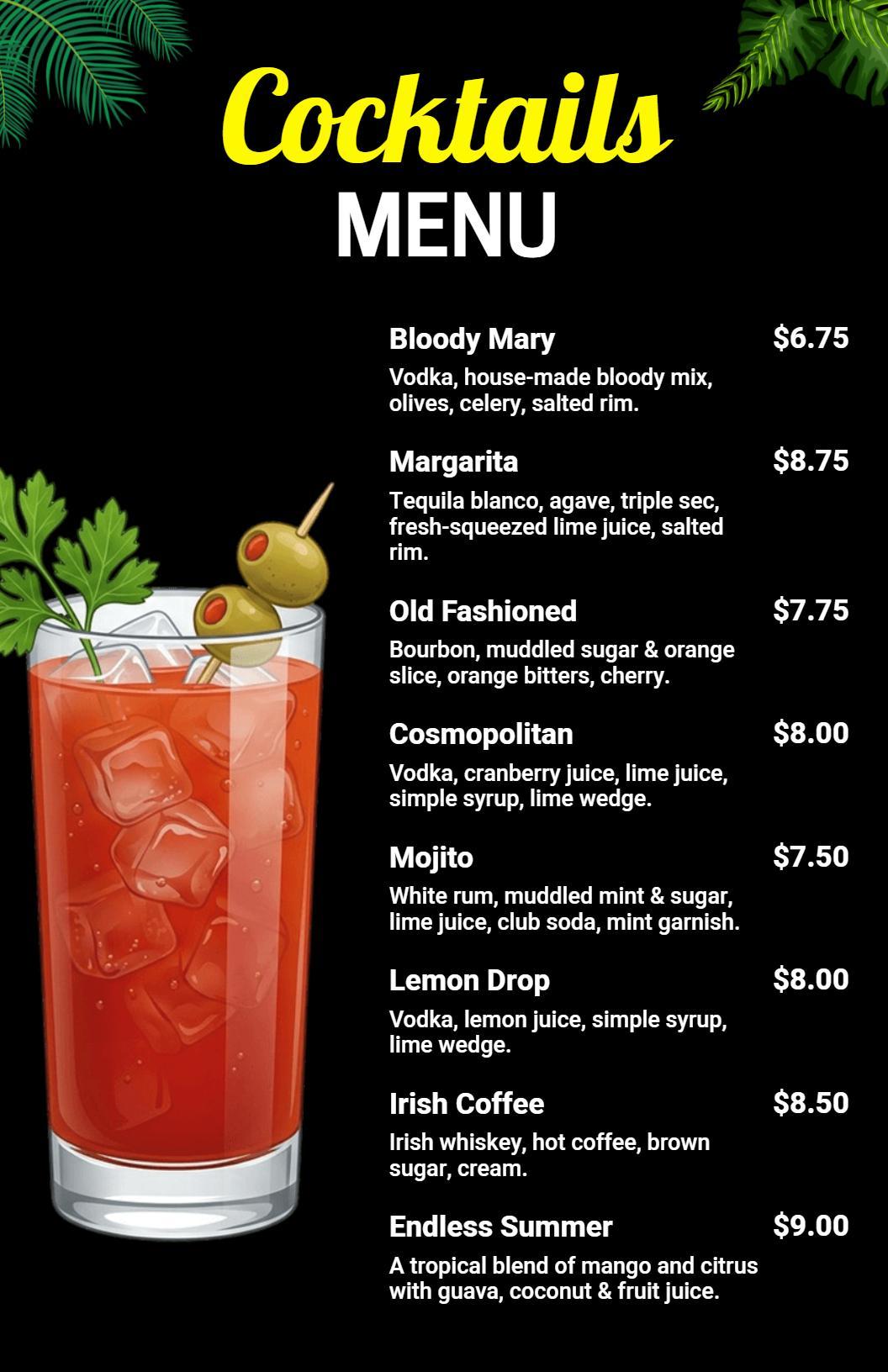 Elegant Black Background with Exotic Cocktails Menu Template