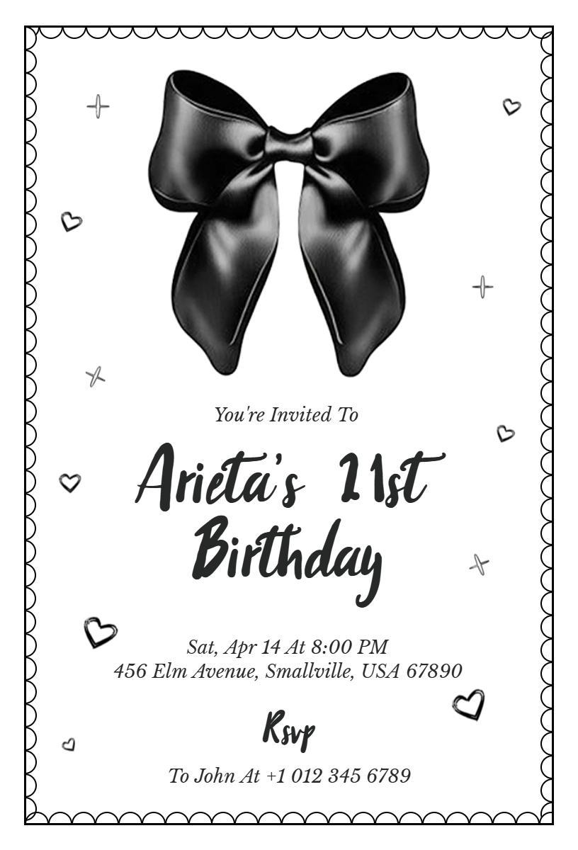 Elegant Black Bow 21st Birthday Celebration Invitation Template