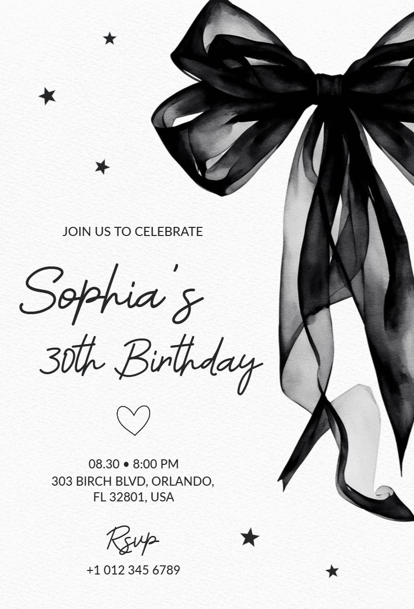 Elegant Black Bow 30th Birthday Celebration Invitation Template