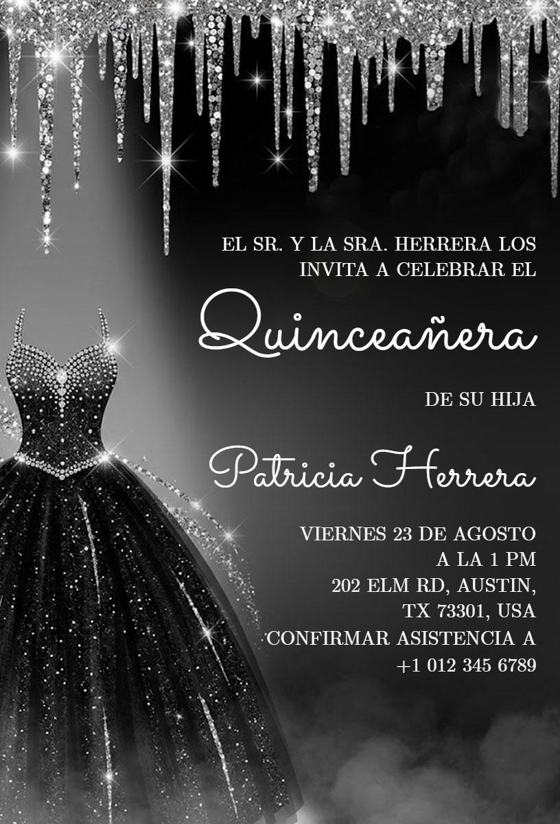 Elegant Black Dress Glamorous Quinceanera Invitation Template